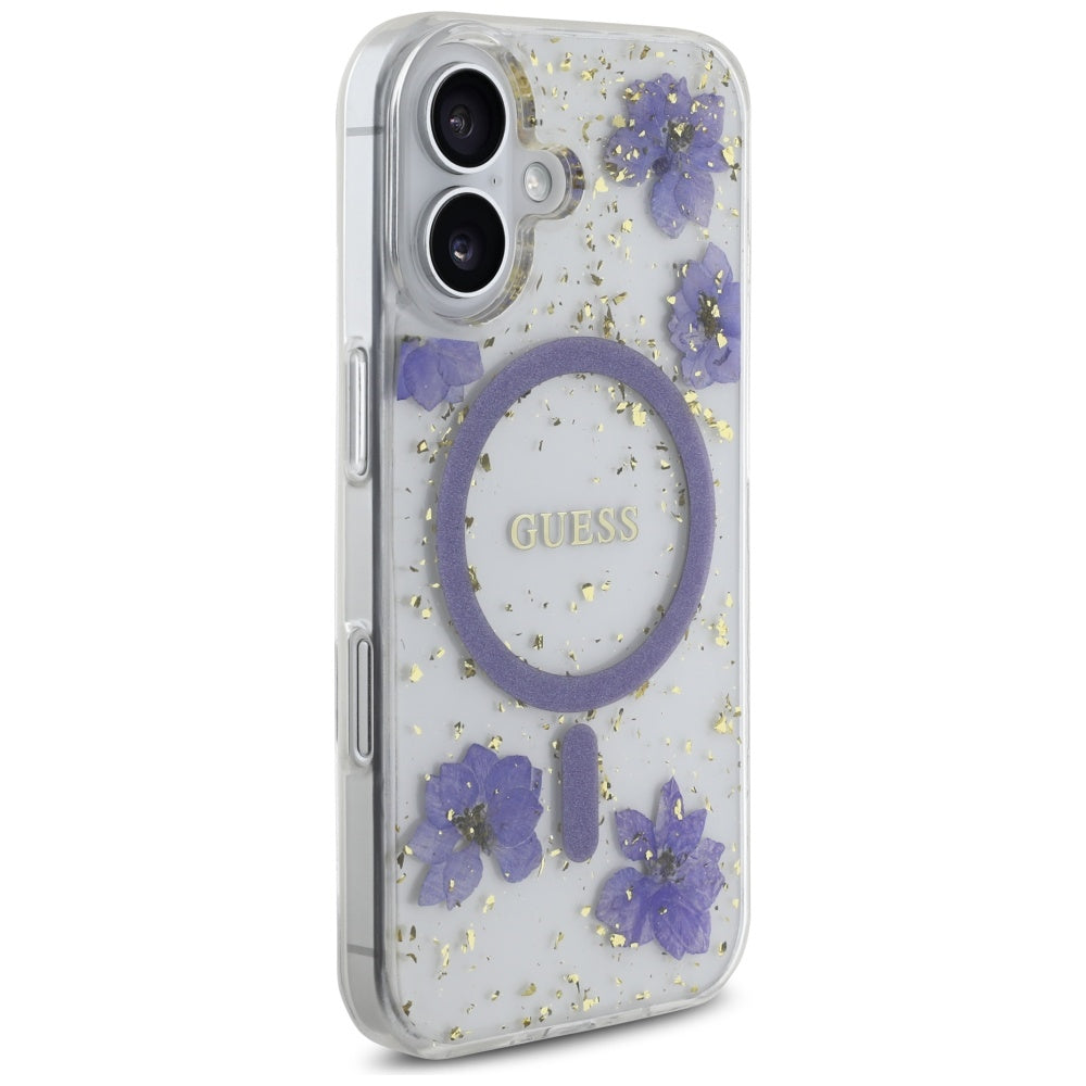 MagSafe cover til Apple iPhone 16, Guess, Resin Flowers and Glitter, Lilla