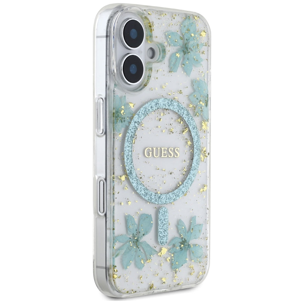 MagSafe cover til Apple iPhone 16, Guess, Resin Flowers and Glitter, Turkis