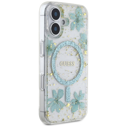 MagSafe cover til Apple iPhone 16, Guess, Resin Flowers and Glitter, Turkis