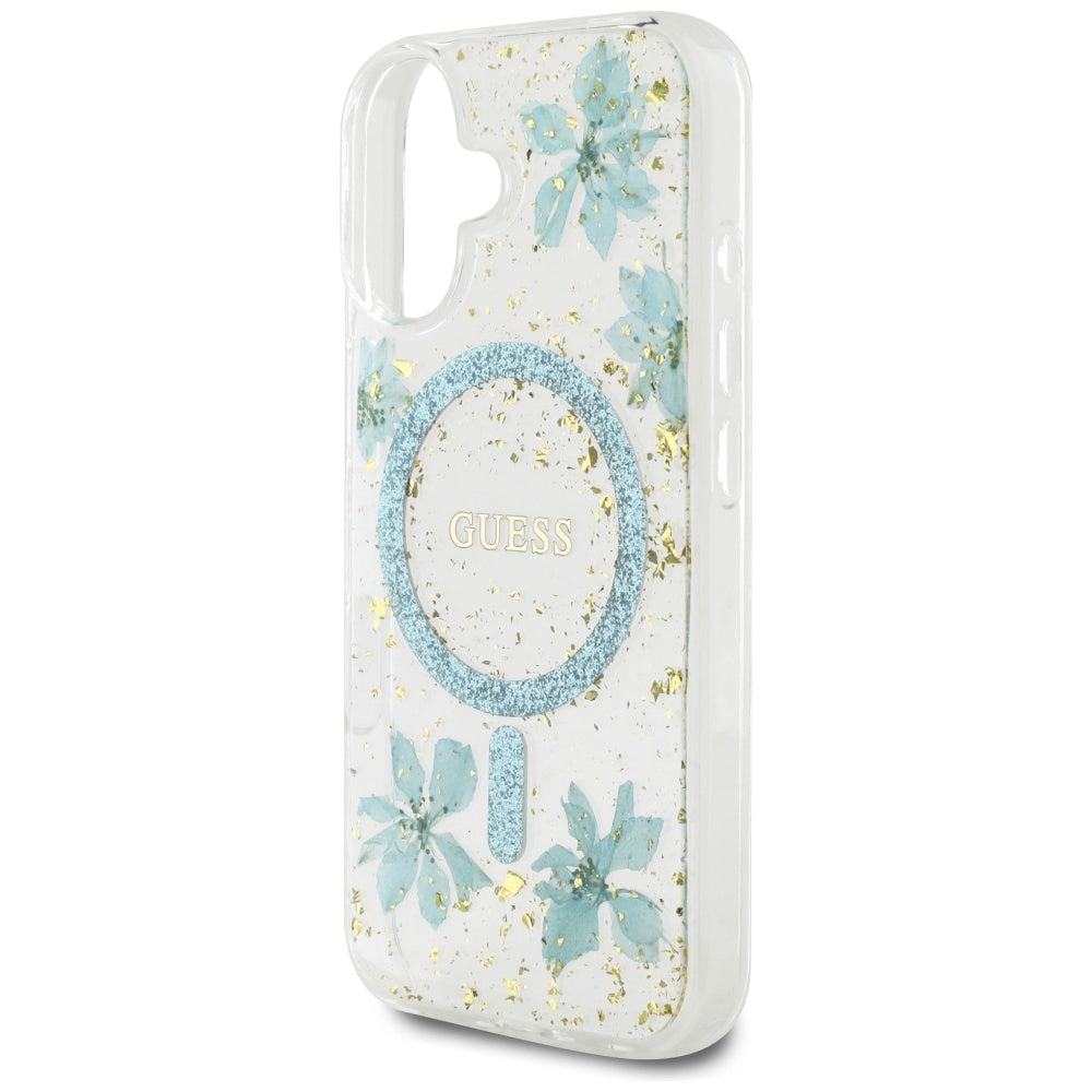MagSafe cover til Apple iPhone 16, Guess, Resin Flowers and Glitter, Turkis