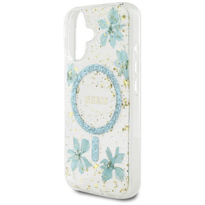 MagSafe cover til Apple iPhone 16, Guess, Resin Flowers and Glitter, Turkis