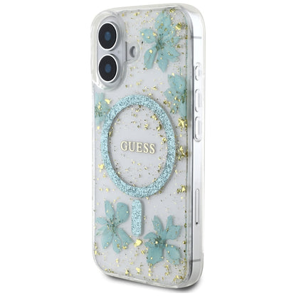 MagSafe cover til Apple iPhone 16, Guess, Resin Flowers and Glitter, Turkis