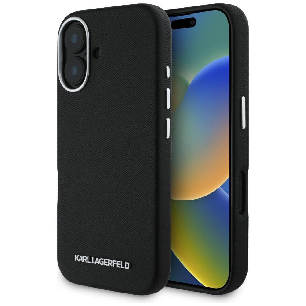 MagSafe cover til Apple iPhone 16, Karl Lagerfeld, Saffiano Full Wrapped Elongated Metal Logo, Sort