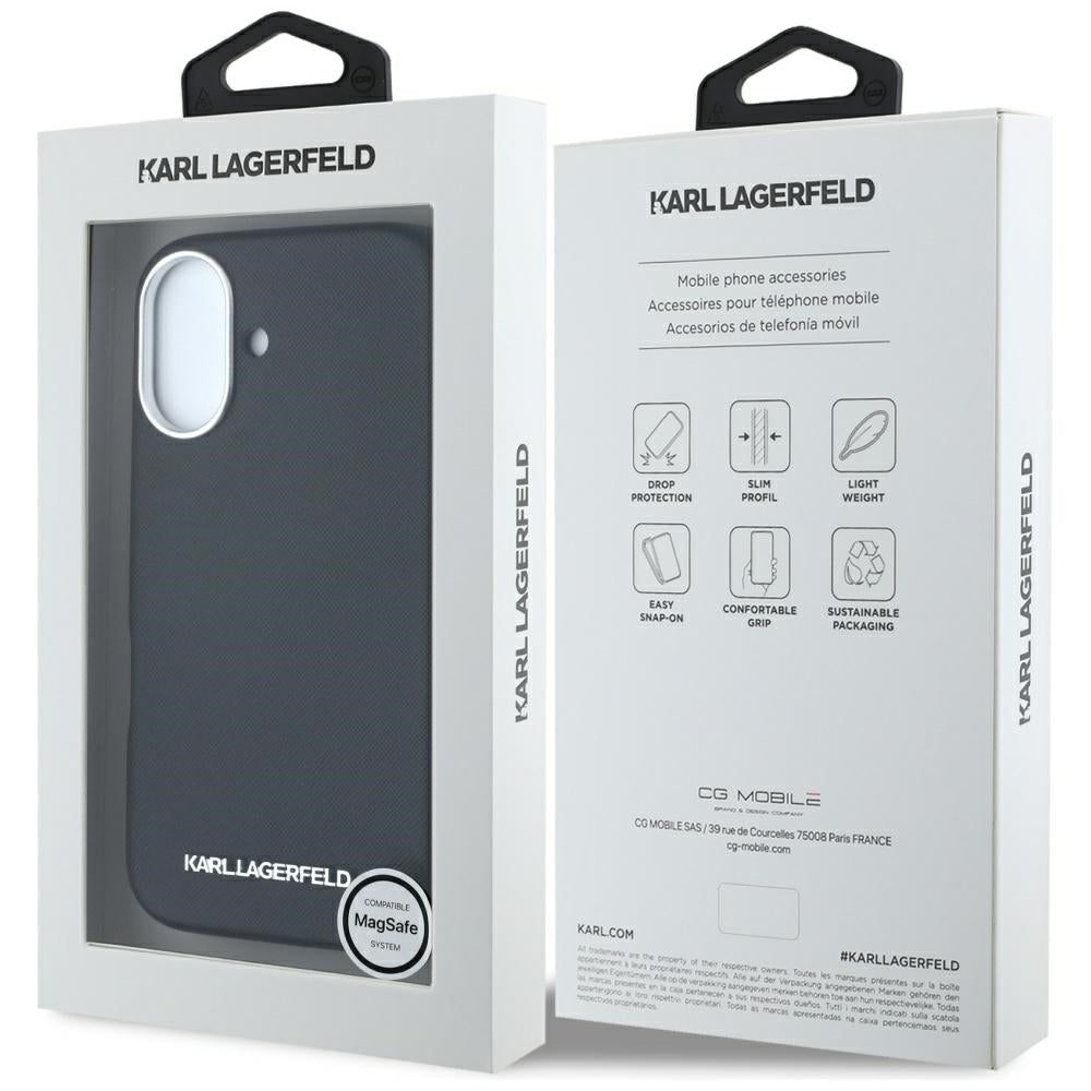 MagSafe cover til Apple iPhone 16, Karl Lagerfeld, Saffiano Full Wrapped Elongated Metal Logo, Sort