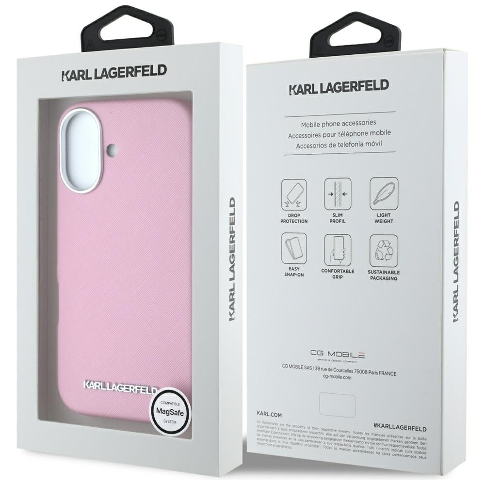 MagSafe Case for Apple iPhone 16, Karl Lagerfeld, Saffiano Full Wrapped Elongated Metal Logo, Pink