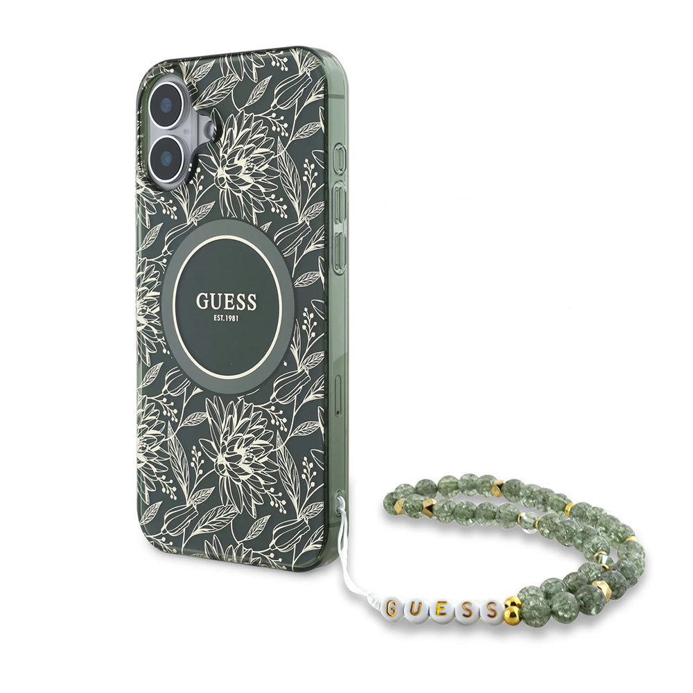 MagSafe cover til Apple iPhone 16 Plus, Guess, IML Flowers Allover Electroplated with Pearl Strap, Grøn