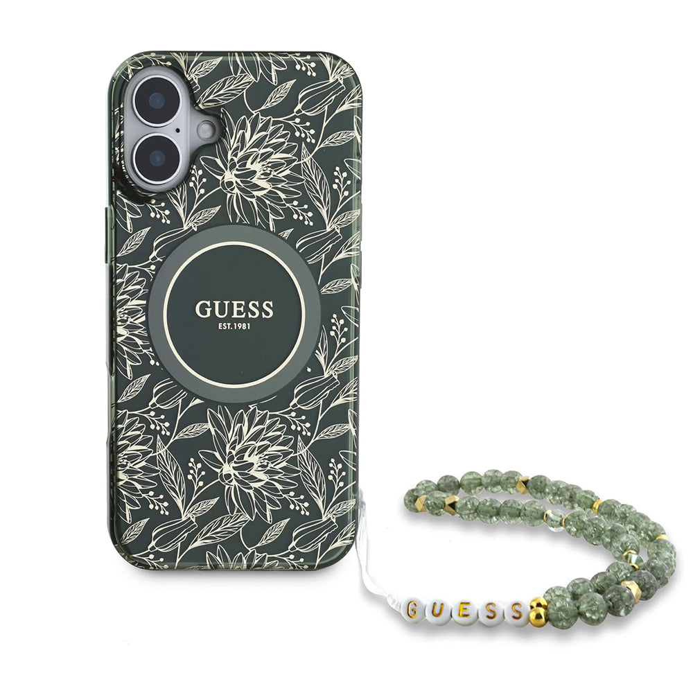 MagSafe cover til Apple iPhone 16 Plus, Guess, IML Flowers Allover Electroplated with Pearl Strap, Grøn