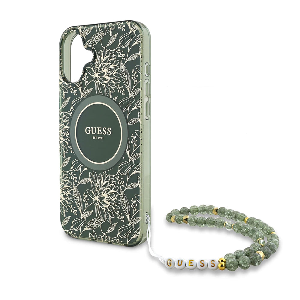 MagSafe cover til Apple iPhone 16 Plus, Guess, IML Flowers Allover Electroplated with Pearl Strap, Grøn