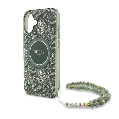 MagSafe cover til Apple iPhone 16 Plus, Guess, IML Flowers Allover Electroplated with Pearl Strap, Grøn