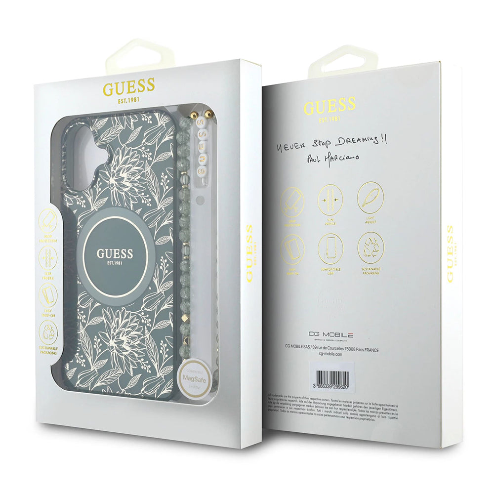 MagSafe cover til Apple iPhone 16 Plus, Guess, IML Flowers Allover Electroplated with Pearl Strap, Grøn