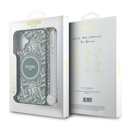MagSafe cover til Apple iPhone 16 Plus, Guess, IML Flowers Allover Electroplated with Pearl Strap, Grøn