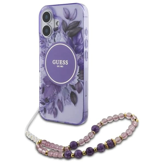MagSafe cover til Apple iPhone 16 Plus, Guess, IML Flowers with Pearl Strap, Lilla