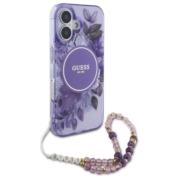 MagSafe Case for Apple iPhone 16 Plus, Guess, IML Flowers with Pearl Strap, Purple