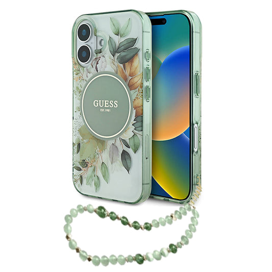 MagSafe cover til Apple iPhone 16 Plus, Guess, IML Flowers with Pearl Strap, Grøn