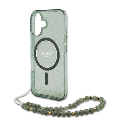 MagSafe Case for Apple iPhone 16 Plus, Guess, IML Glitter with Pearl Strap, Green