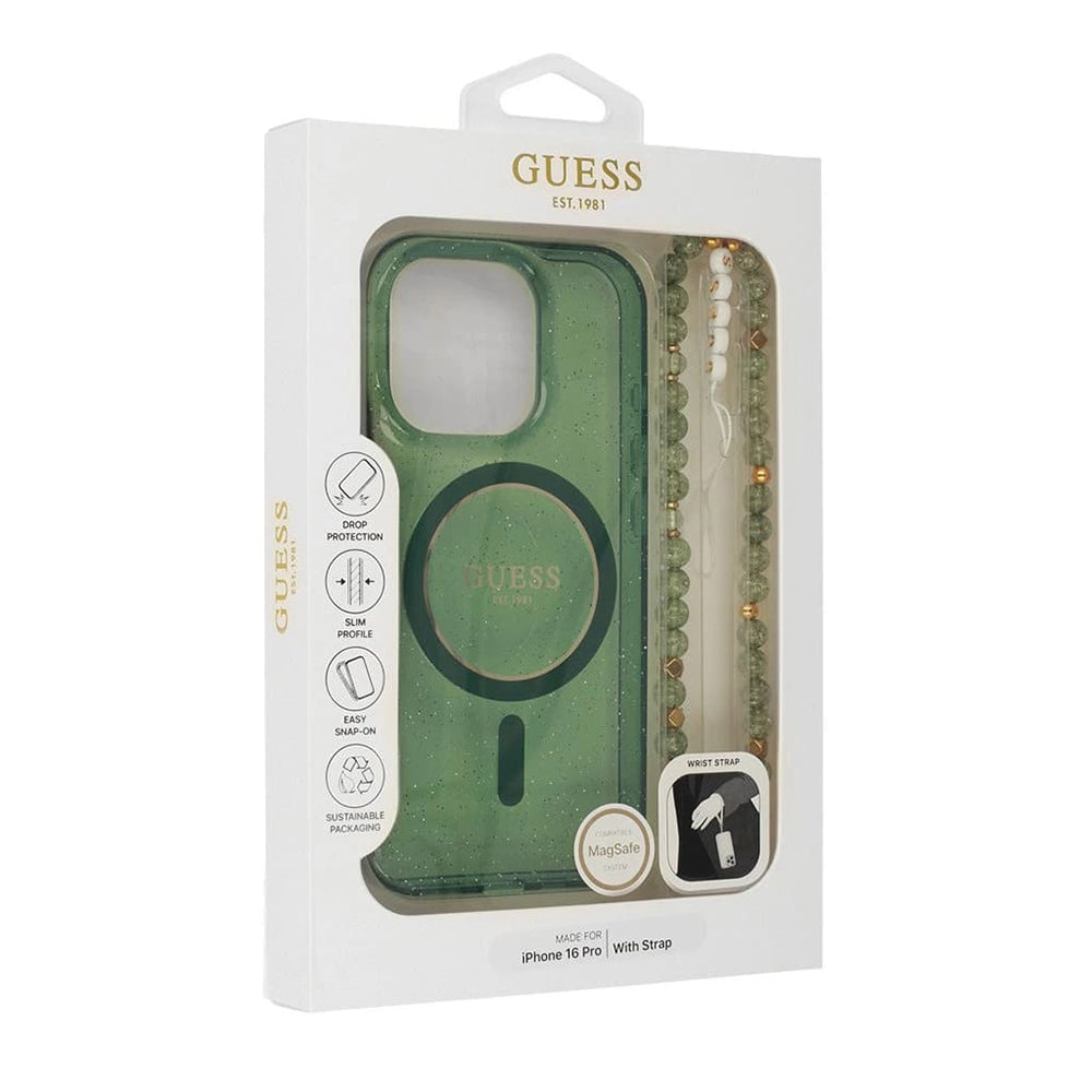 MagSafe Case for Apple iPhone 16 Plus, Guess, IML Glitter with Pearl Strap, Green