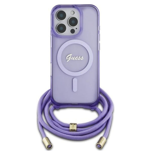 MagSafe etui til Apple iPhone 16 Pro, Guess, IML Crossbody Cord Script, Lilla