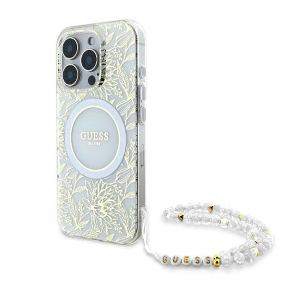 MagSafe cover til Apple iPhone 16 Pro, Guess, IML Flowers Allover Electroplated with Pearl Strap, Hvid