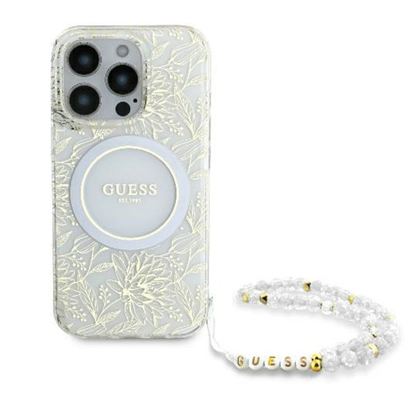 MagSafe cover til Apple iPhone 16 Pro, Guess, IML Flowers Allover Electroplated with Pearl Strap, Hvid
