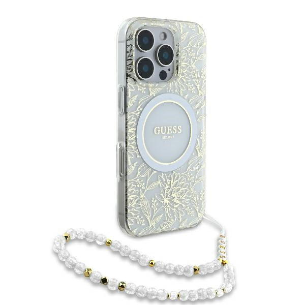 MagSafe cover til Apple iPhone 16 Pro, Guess, IML Flowers Allover Electroplated with Pearl Strap, Hvid