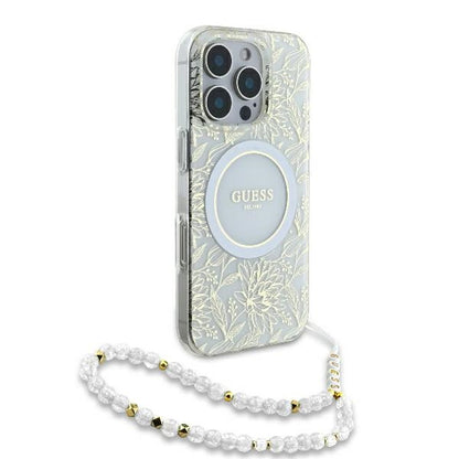 MagSafe cover til Apple iPhone 16 Pro, Guess, IML Flowers Allover Electroplated with Pearl Strap, Hvid