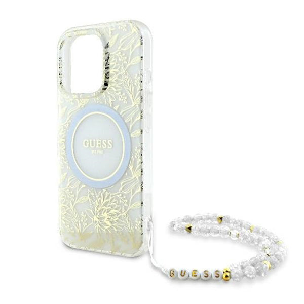 MagSafe cover til Apple iPhone 16 Pro, Guess, IML Flowers Allover Electroplated with Pearl Strap, Hvid