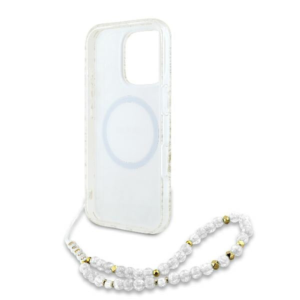 MagSafe cover til Apple iPhone 16 Pro, Guess, IML Flowers Allover Electroplated with Pearl Strap, Hvid