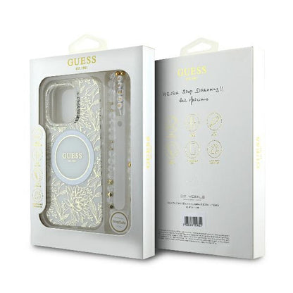 MagSafe cover til Apple iPhone 16 Pro, Guess, IML Flowers Allover Electroplated with Pearl Strap, Hvid