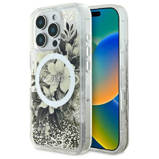 MagSafe cover til Apple iPhone 16 Pro, Guess, Liquid Glitter Flower, Beige