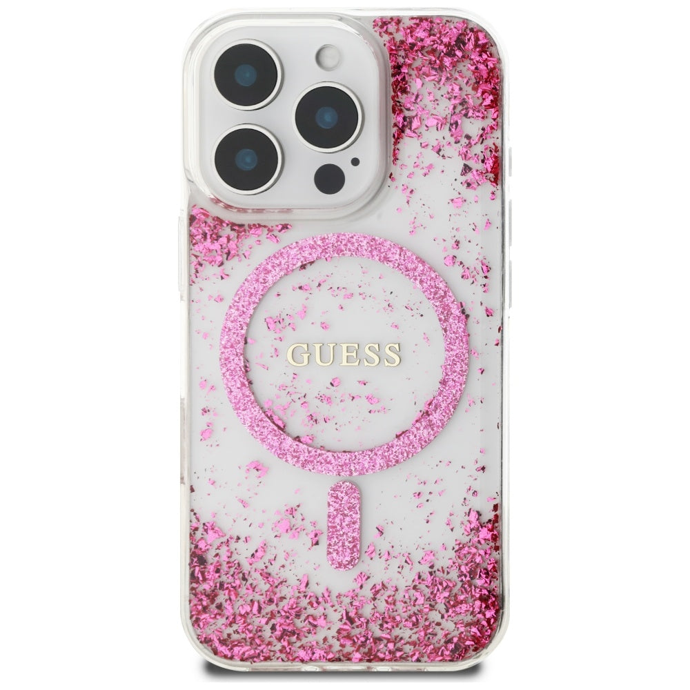 MagSafe Case for Apple iPhone 16 Pro, Guess, Resin Bottom Glitter, Pink