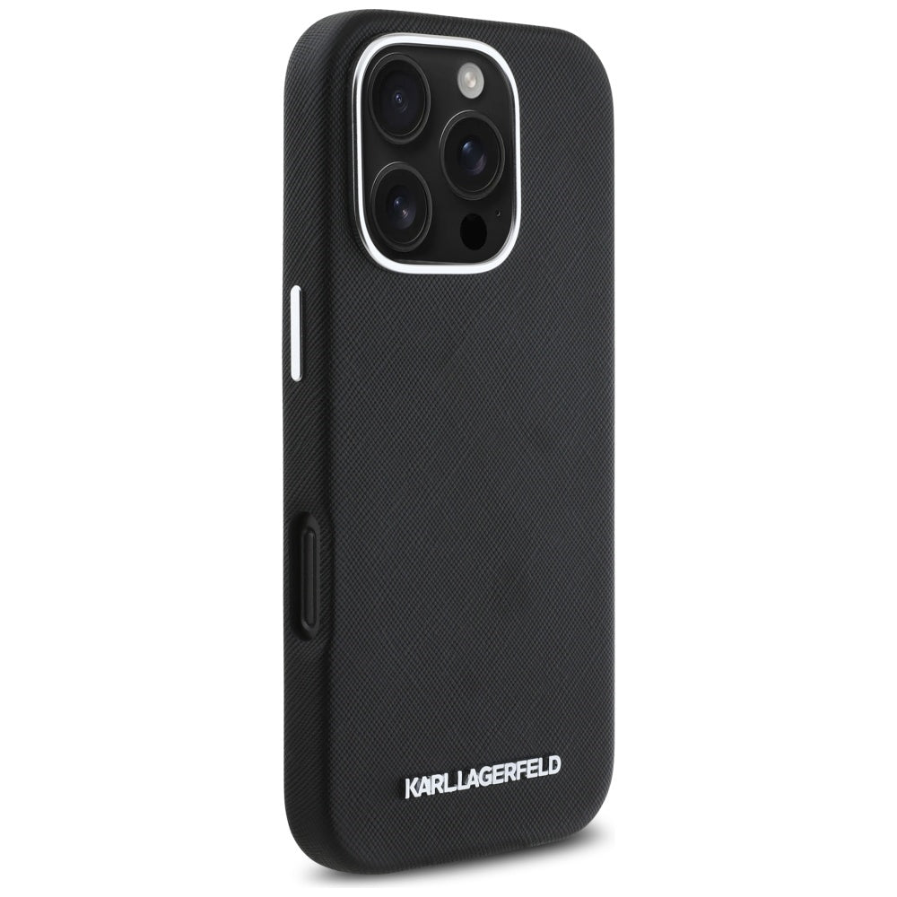 MagSafe Case for Apple iPhone 16 Pro, Karl Lagerfeld, Saffiano Full Wrapped Elongated Metal Logo, Black