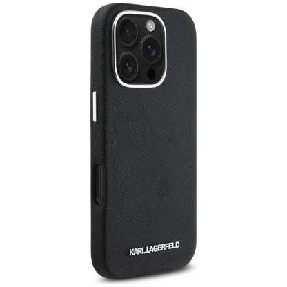 MagSafe Case for Apple iPhone 16 Pro, Karl Lagerfeld, Saffiano Full Wrapped Elongated Metal Logo, Black