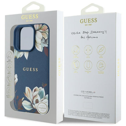 MagSafe Case for Apple iPhone 16 Pro Max, Guess, Grained Flowers, Blue