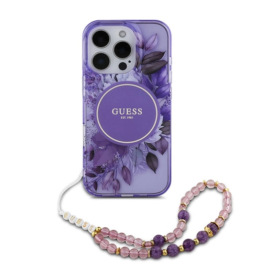 MagSafe cover til Apple iPhone 16 Pro Max, Guess, IML Flowers with Pearl Strap, Lilla