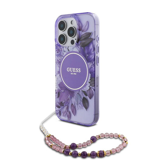 MagSafe cover til Apple iPhone 16 Pro Max, Guess, IML Flowers with Pearl Strap, Lilla