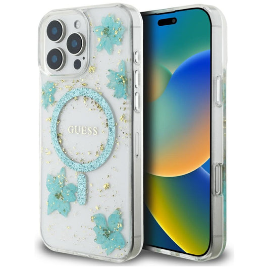 MagSafe cover til Apple iPhone 16 Pro Max, Guess, Resin Flowers and Glitter, Turkis