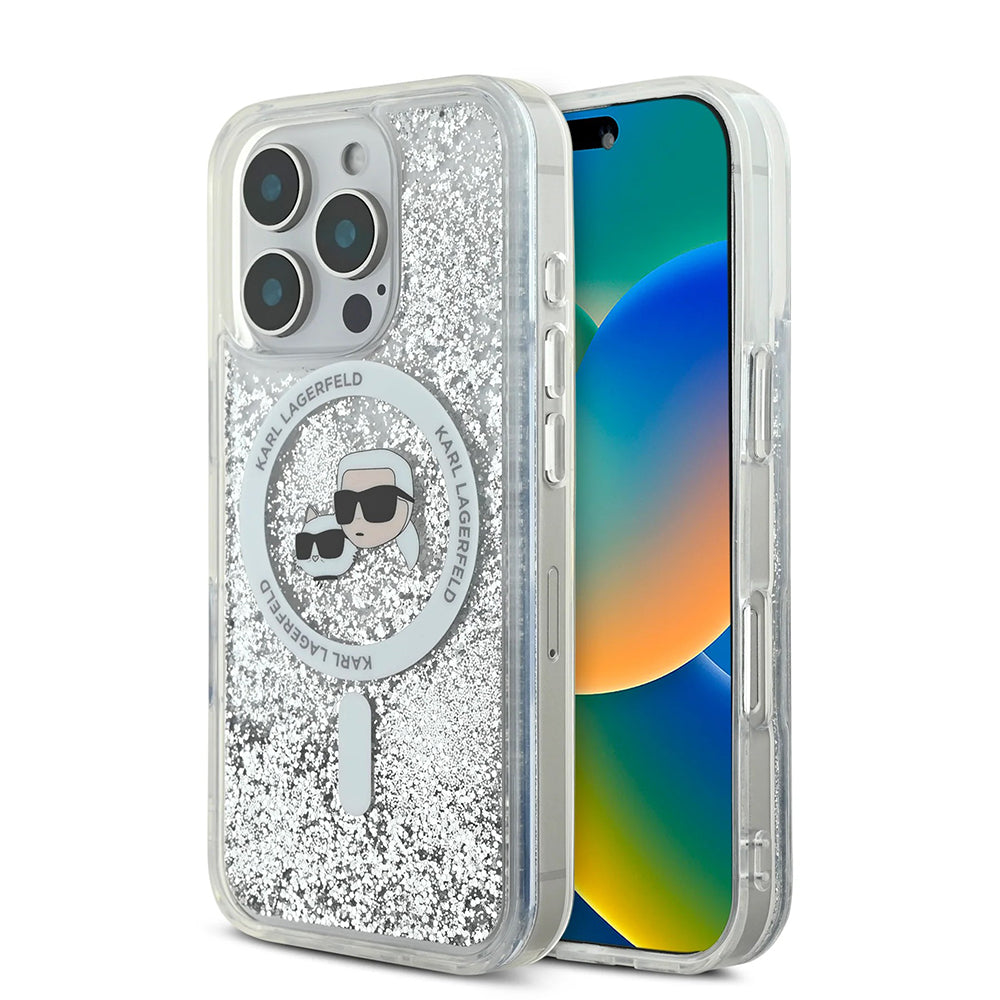 MagSafe cover til Apple iPhone 16 Pro Max, Karl Lagerfeld, Liquid Glitter Karl & Choupette's Heads, Gennemsigtig