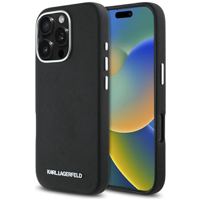 MagSafe cover til Apple iPhone 16 Pro Max, Karl Lagerfeld, Saffiano Full Wrapped Elongated Metal Logo, Sort