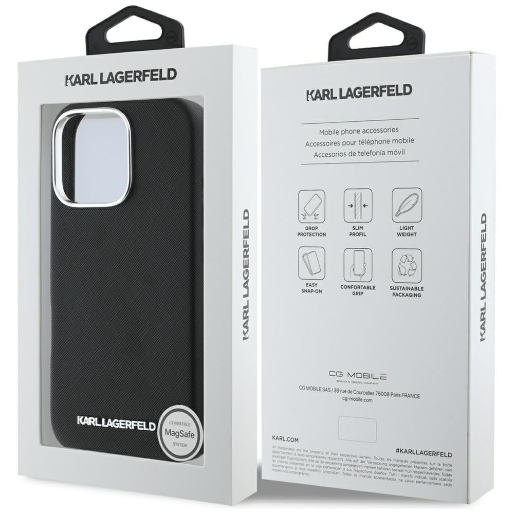 MagSafe cover til Apple iPhone 16 Pro Max, Karl Lagerfeld, Saffiano Full Wrapped Elongated Metal Logo, Sort
