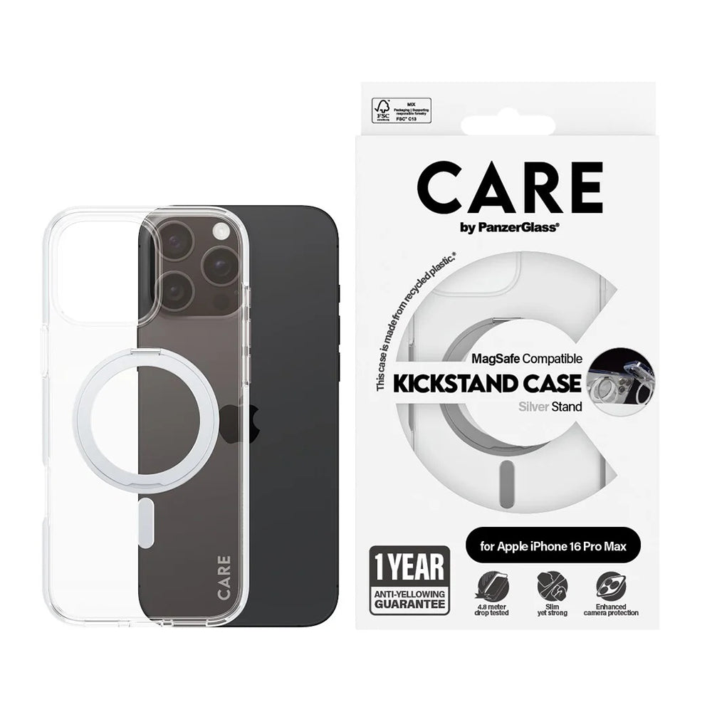 MagSafe cover til Apple iPhone 16 Pro Max, PanzerGlass, Care Feature Kickstand, Sølv Transparent