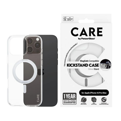 MagSafe cover til Apple iPhone 16 Pro Max, PanzerGlass, Care Feature Kickstand, Sølv Transparent