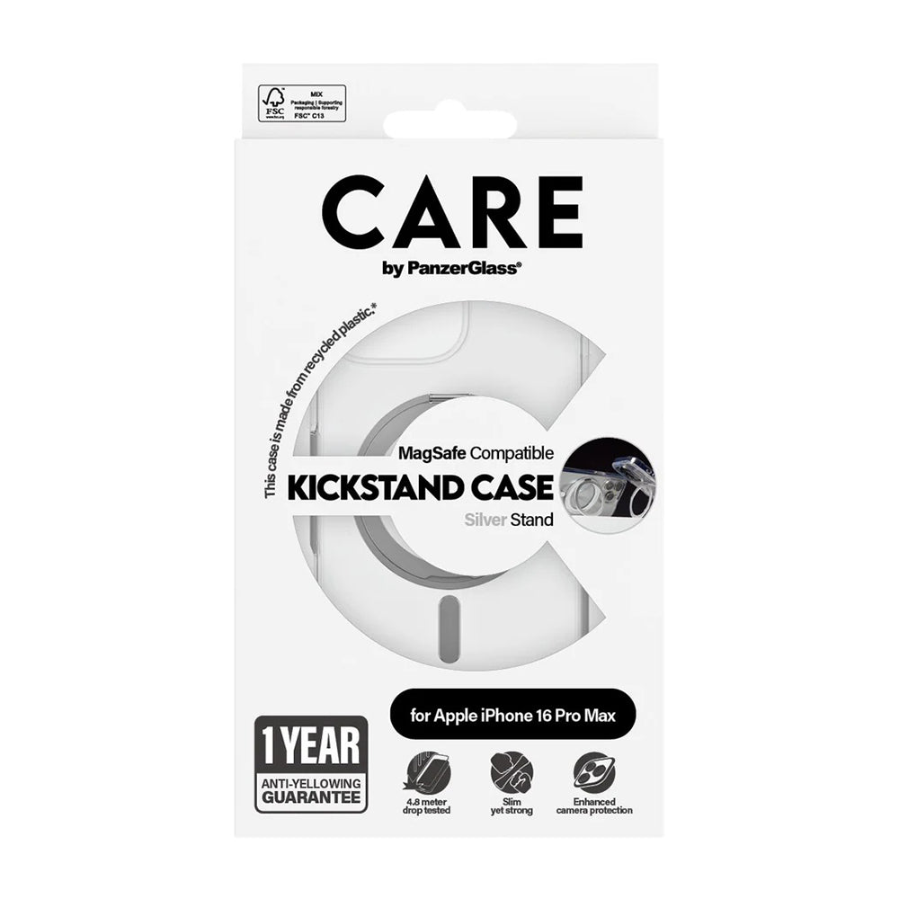 MagSafe cover til Apple iPhone 16 Pro Max, PanzerGlass, Care Feature Kickstand, Sølv Transparent