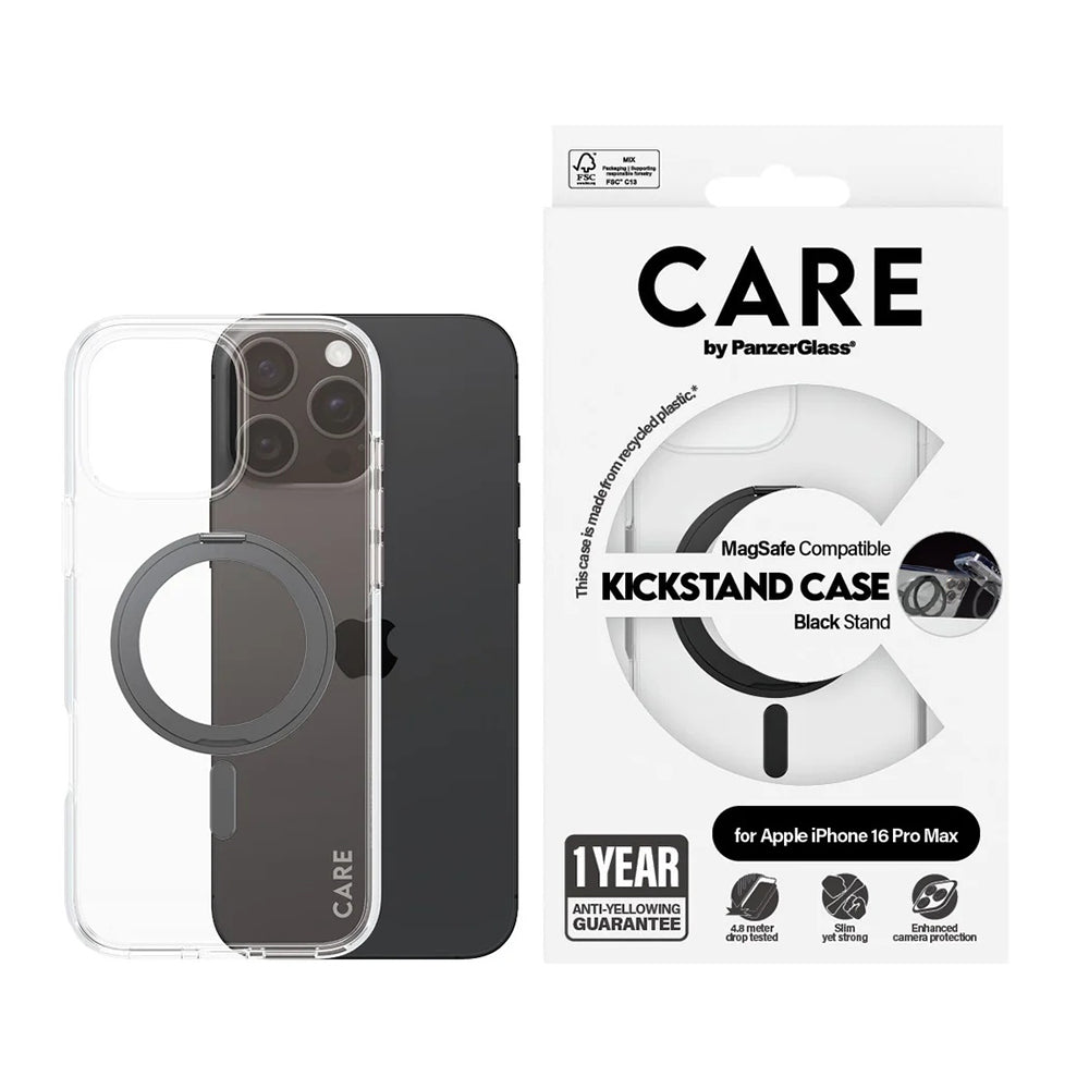MagSafe cover til Apple iPhone 16 Pro Max, PanzerGlass, Care Feature Kickstand, Sort Transparent