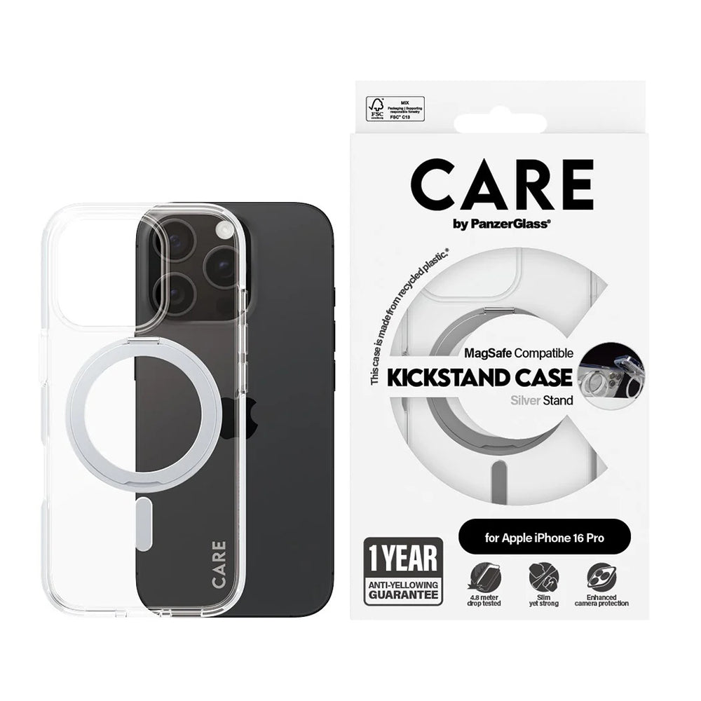 MagSafe cover til Apple iPhone 16 Pro, PanzerGlass, Care Feature Kickstand, Sølv Transparent
