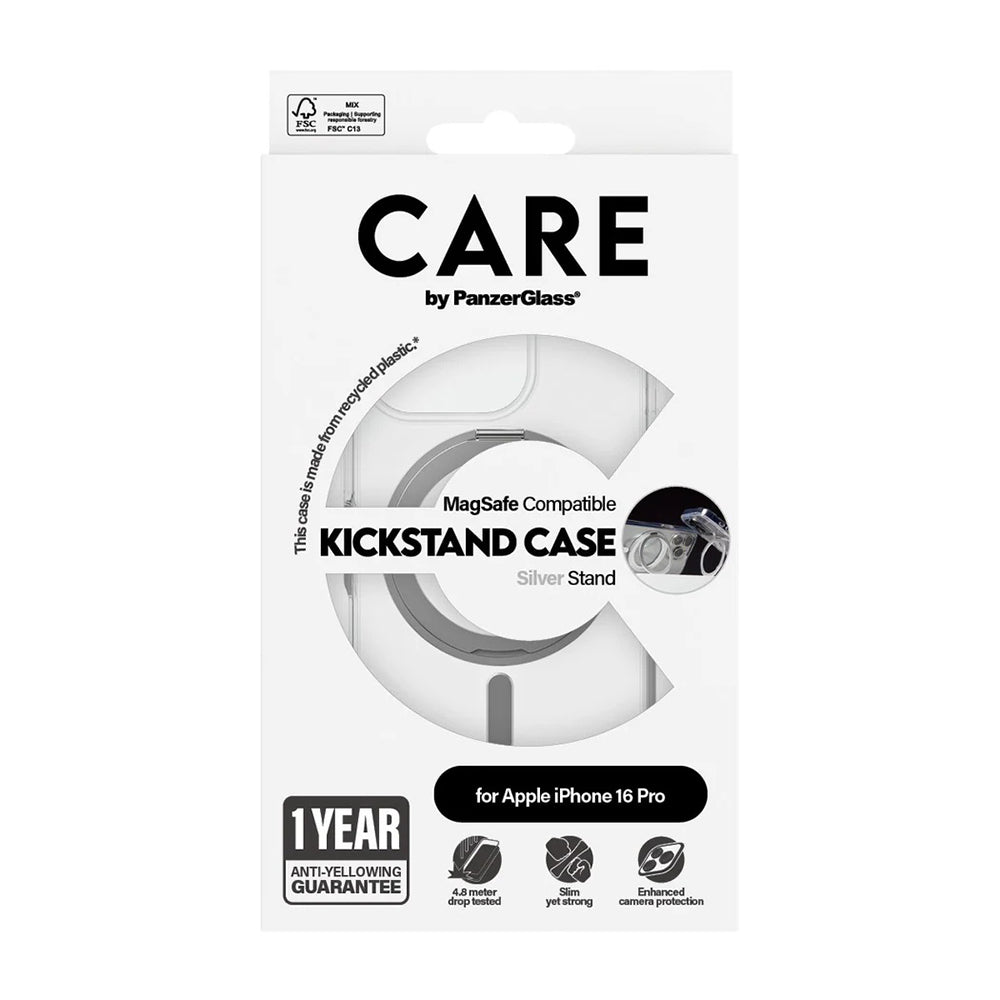 MagSafe cover til Apple iPhone 16 Pro, PanzerGlass, Care Feature Kickstand, Sølv Transparent
