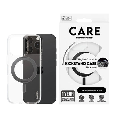MagSafe cover til Apple iPhone 16 Pro, PanzerGlass, Care Feature Kickstand, Sort Transparent