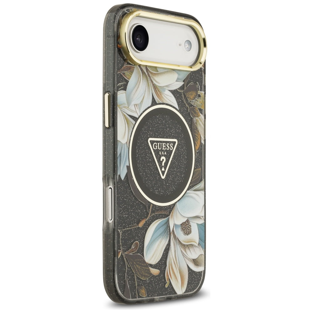 MagSafe cover til Apple iPhone 17 Air, Guess, IML Metal Glitter Flowers Triangle, Sort
