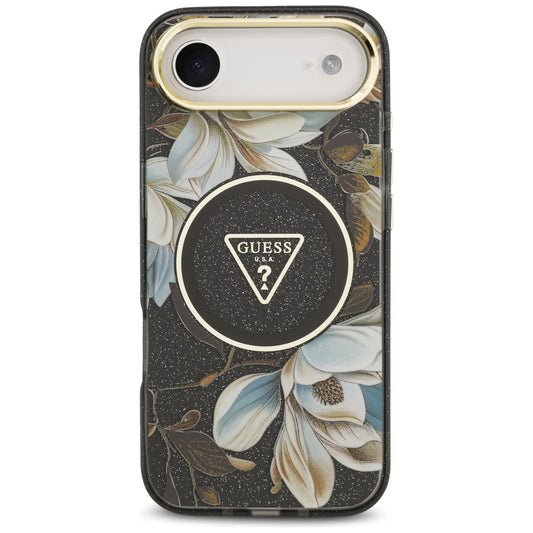 MagSafe cover til Apple iPhone 17 Air, Guess, IML Metal Glitter Flowers Triangle, Sort