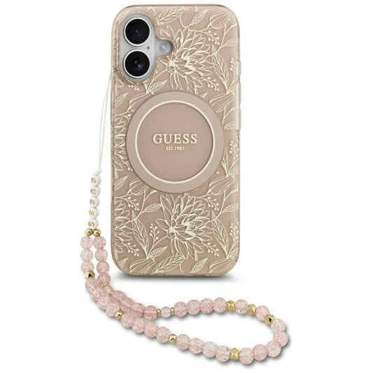 MagSafe cover til Apple iPhone 17, Guess, IML Flowers Allover Electroplated with Pearl Strap, Sort