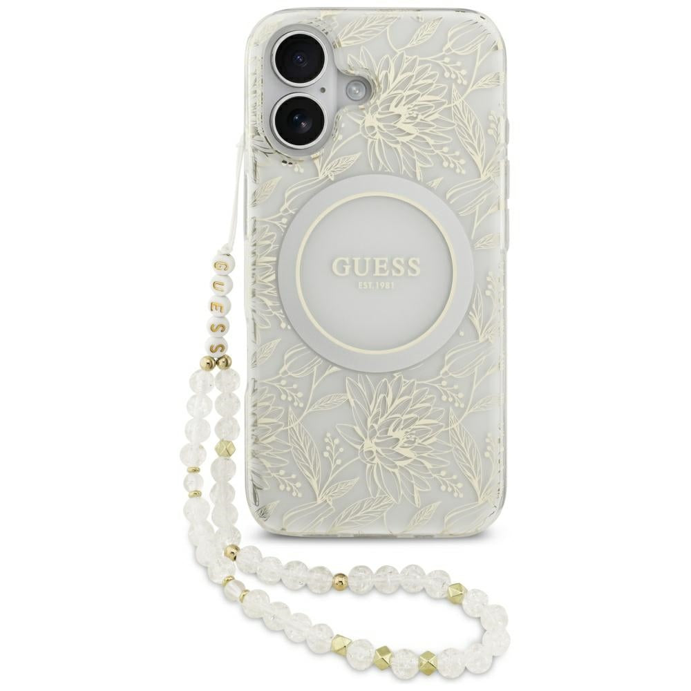 MagSafe cover til Apple iPhone 17, Guess, IML Flowers with Pearl Strap, Hvid